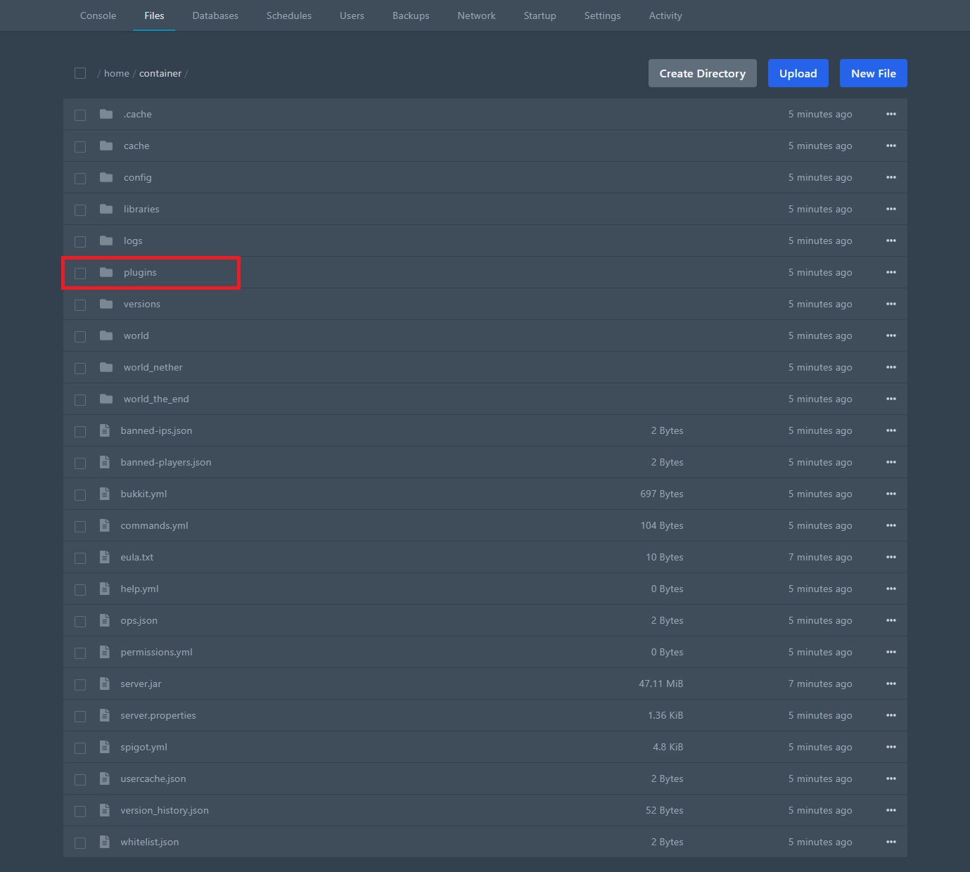 Вкладка «Files» → папка plugins в панели управления