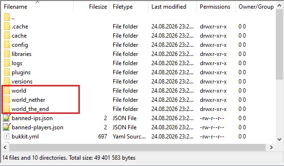 FileZilla: папки с миром на сервере